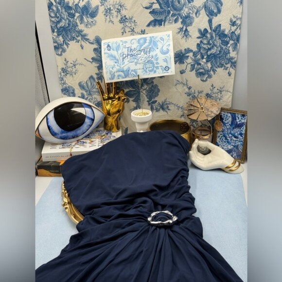 🆕 SIMKHAI 🧿 NWOT Emma Draped Jersey Bustier Midi Dress, Midnight Blue Sz US 8 - Picture 12 of 16